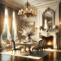 Illustration of elegant and traditional dining room decorated with neutral tones, featuring a lit fireplace, chandelier, dining table, chairs, high ceilings, tall windows, and more.