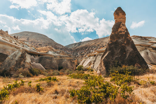 A solitary fairy chimney stands guard over the undulating terrain of Cappadocia, its capstone defying the elements, surrounded by the golden hues of the rugged landscape.