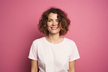 Fototapeta premium Portrait of a glad woman in her 30s sporting a vintage band t-shirt against a solid color backdrop. AI Generation
