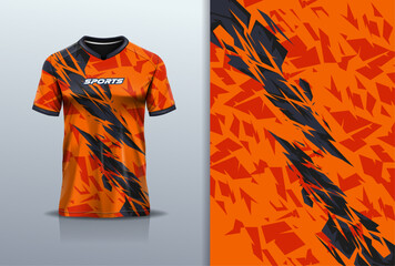 Tshirt mockup abstract grunge sport jersey design for football soccer, racing, esports, running, orange black color © Nimpuna O