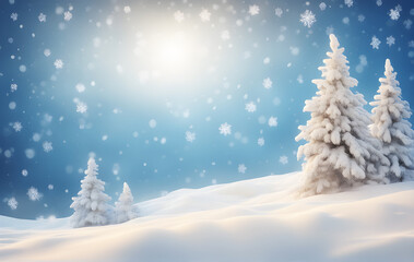 Snowfall in winter forest. Beautiful landscape with snow covered fir trees and snowdrifts. Christmas and New Year greeting background. Winter space.