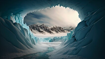 Blue ice cave landscape at the North Pole.