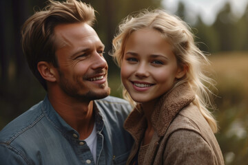 Fototapeta premium Portrait of a happy father and baby girl having fun in the park. A heartwarming scene capturing the pure joy and connection between a happy child and her loving man. concept of fatherly love