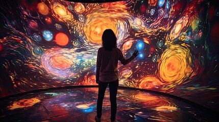 A person in a vibrant, sensory-rich environment, with patterns of light and color swirling around them, representing heightened sensory perception.
