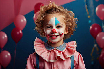 Cute little boy with clown makeup. Celebrating April Fool's Day. Little smiling clown boy - obrazy, fototapety, plakaty