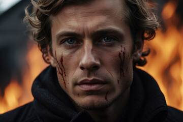 Obraz premium Portrait of an adult man in despair, sad look, ruins of a house in the background, flames and smoke from a fire. Intense scene: a man standing in front of a devastating fire. home loss concept