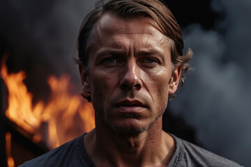 Fototapeta premium Portrait of an adult man in despair, sad look, ruins of a house in the background, flames and smoke from a fire. Intense scene: a man standing in front of a devastating fire. home loss concept