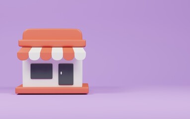 store on purple background. Shopping online concept. 3d rendering illustration.