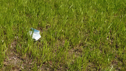 Disposable face mask lying in grass, littering the environment - 680558396