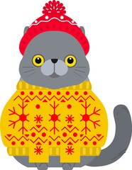 Cute cat in a knitted winter hat and sweater.. Cute design for nursery, poster, Merry Christmas, birthday greeting card. 