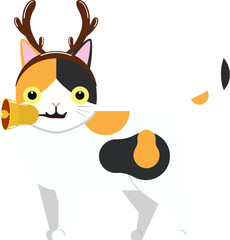 Cute cat wearing deer antlers, biting a Christmas hand bell.