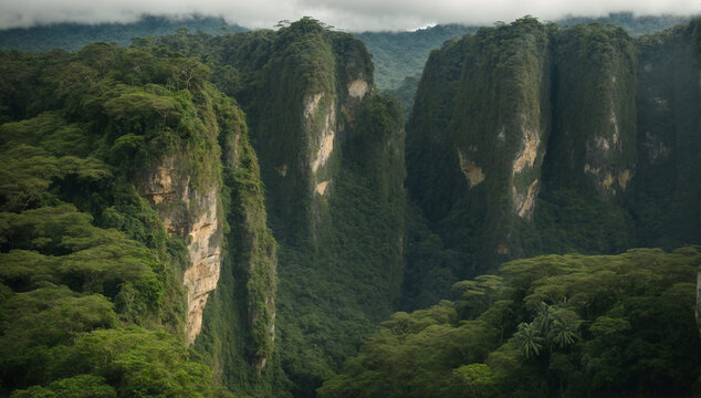 Towering cliffs covered in lush vegetation at the edge of the jungle - AI Generative