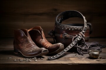 American west still life. Life art leather cowboy equipment. Generate Ai - obrazy, fototapety, plakaty