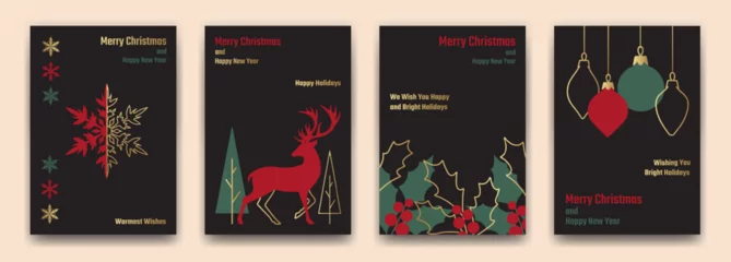 Fotobehang Set of New Year and Christmas greeting card templates. Modern vector design Christmas elements on black background for web banner, party invitations, posters, flyers, social media. © Alexandra Lipina