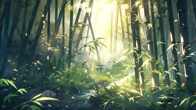landscape anime looping video A Tranquil Bamboo Forest, a Natural Oasis of Green Growth and Earthly Beauty, generated ai