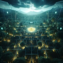 Digitale Welt aus Matrix Zeichen Futuristische Stadt in der Zukunft