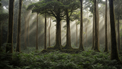 Towering tree canopies forming a natural cathedral in the heart of the jungle - AI Generative