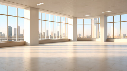 empty room with windows,Modern Bright Interiors: A 3D Rendering Illustration of Unfurnished City Spaces.AI Generative 