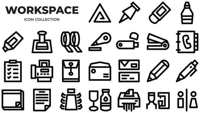 Workspace at office Icons Pack. Line icons set. Flat icon collection set. Simple vector icons