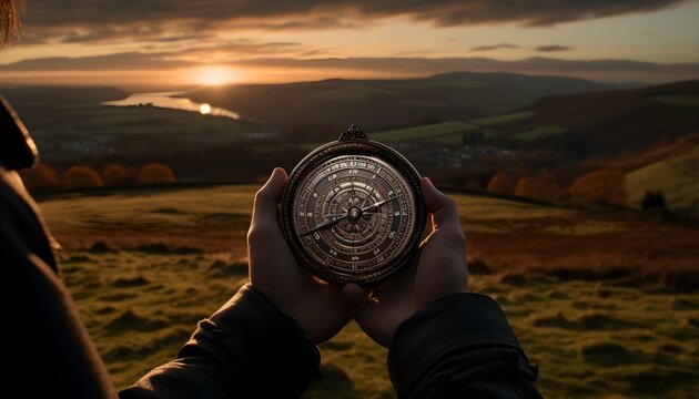 A close-up of hands holding a compass against a backdrop of rolling hills, symbolizing navigation during a voyage generative ai