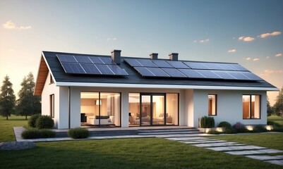 House with Solar Panels on the Roof, Home with Photovoltaic System. Modern Eco Friendly - obrazy, fototapety, plakaty