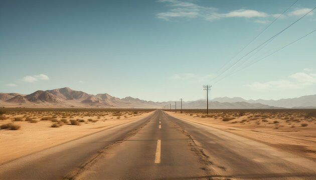 A road stretching through a vast desert, with tire tracks disappearing into the distance generated ai