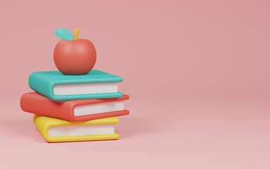 red apple on Stack of books pink background. back to school concept. 3d rendering illustration.