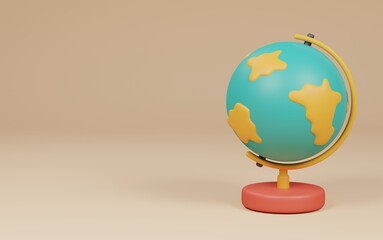 earth globe map on cream background. back to school concept. 3d rendering illustration.