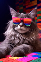 Portrait of gray fluffy cat with rainbow sunglasses on colorful background