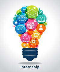 Internship concept. Light bulb with icons. Concept with icon of goal, skills, knowledge, mentoring, practice, opportunity, and training.
