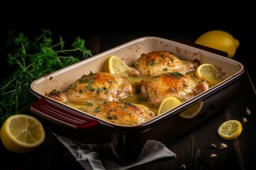 Baked lemon chicken food. Baked chicken meat grilled meal. Generate Ai
