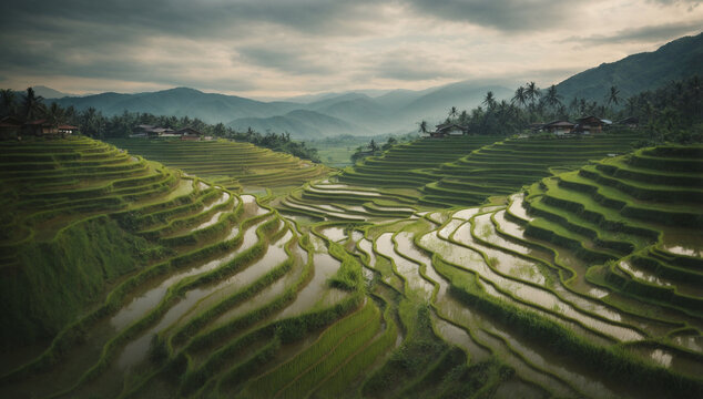 Tranquil and picturesque rice paddy terraces, with water-filled terraces reflecting the sky - AI Generative