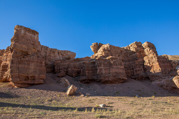 Charyn Canyon is a canyon on the Sharyn River in Kazakhstan east of Almaty. Landscape on a clear sunny day in summer