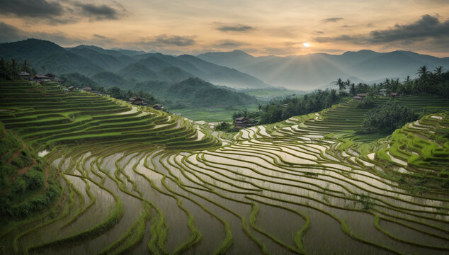 Tranquil and picturesque rice paddy terraces, with water-filled terraces reflecting the sky - AI Generative