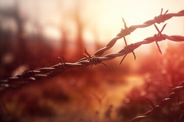 Barbed wire blurred background in sun light. Security defense protection fence. Generate Ai - obrazy, fototapety, plakaty