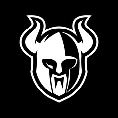 black white Vector illustration of Viking with Helmet, for mascot sport logo badge label sign poster emblem patch t-shirt printing. Vector Logo
