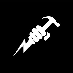 Hand holding lightning bolt and hammer icon. Power fist. Electric energy. Zeus hand. Silhouette symbol. Negative space. Vector isolated illustration