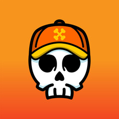 minimalist cute skull wearing cap, logo mascot design vector illustration, Fashion Object Icon Concept, Flat Cartoon Style