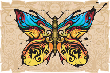 Printcolorful symmetrical butterfly on a brown background, suitable for carp designs