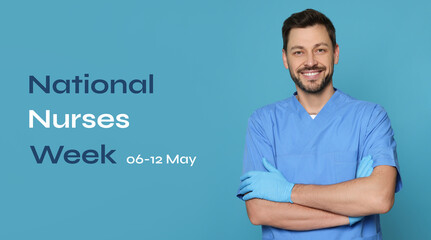 National Nurses Week, May 06-12. Nurse in medical uniform on light blue background, banner design - obrazy, fototapety, plakaty