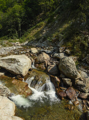 A mountain river with freshwater flowing through large, sharp boulders in a canyon inside a beech forest. The water is cold and transparent. Carpathia, Romania.