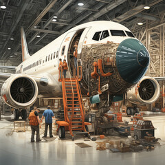 A glimpse inside an aircraft maintenance hangar, with mechanics working on an airplane, surrounded by tools and equipment