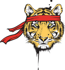 Tiger head with red headband, sharp eyes looking. Suitable for stickers, logos and t-shirt designs
