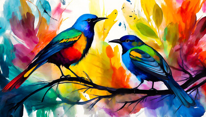 Colorful birds in gouache