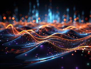 Musical stream of sounds in an abstract digital data background, featuring a wave with moving dots.