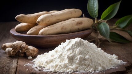 cassava on the table and flour. - obrazy, fototapety, plakaty