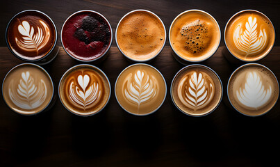 Caffeine Symphony: An Array of Coffee Cups with a Variety of Coffee Drinks