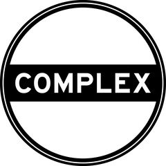 Black color round seal sticker in word complex on white background