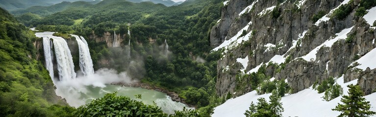 waterfall from mountain and half side of mountain is covered with snow