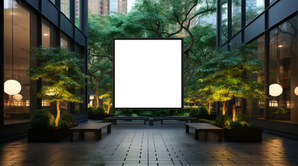 Urban oasis with a blank advertising billboard, lush trees, and ambient lighting at dusk. Outdoor marketing concept. Generative AI - obrazy, fototapety, plakaty